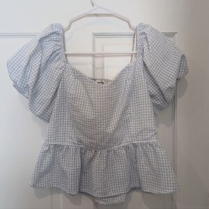 Lily White Blue and White Gingham Puff Sleeve Peplum Blouse, Size Medium